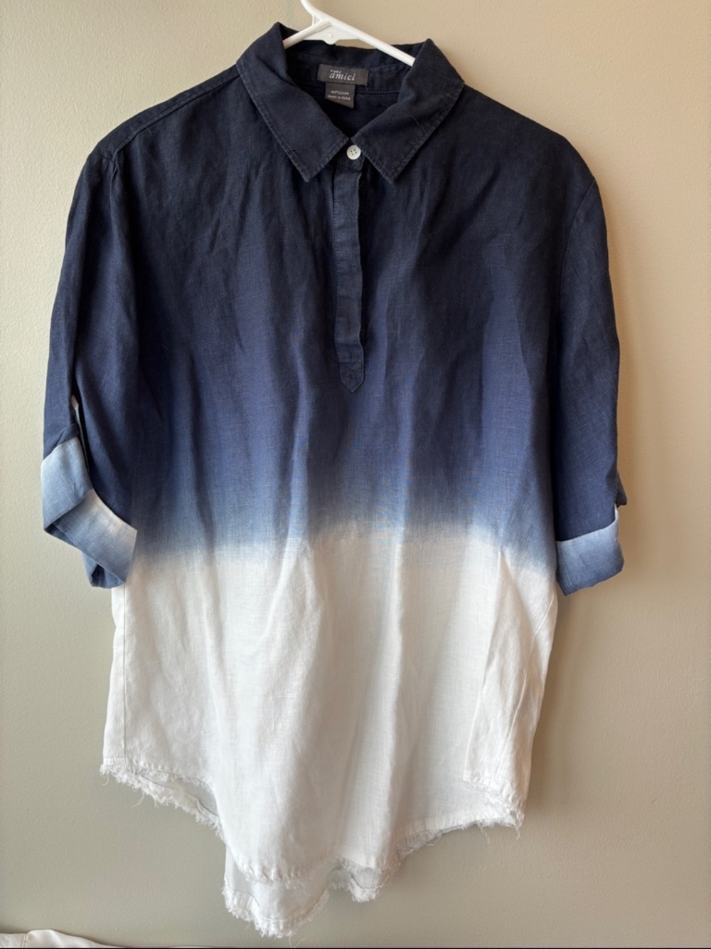 Pure Amici Navy and White Dip-Edge Linen Button-Down